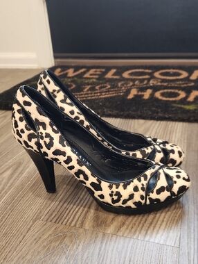 White House Black Market Leopard Print Ponyhair Heels in Black and Cream